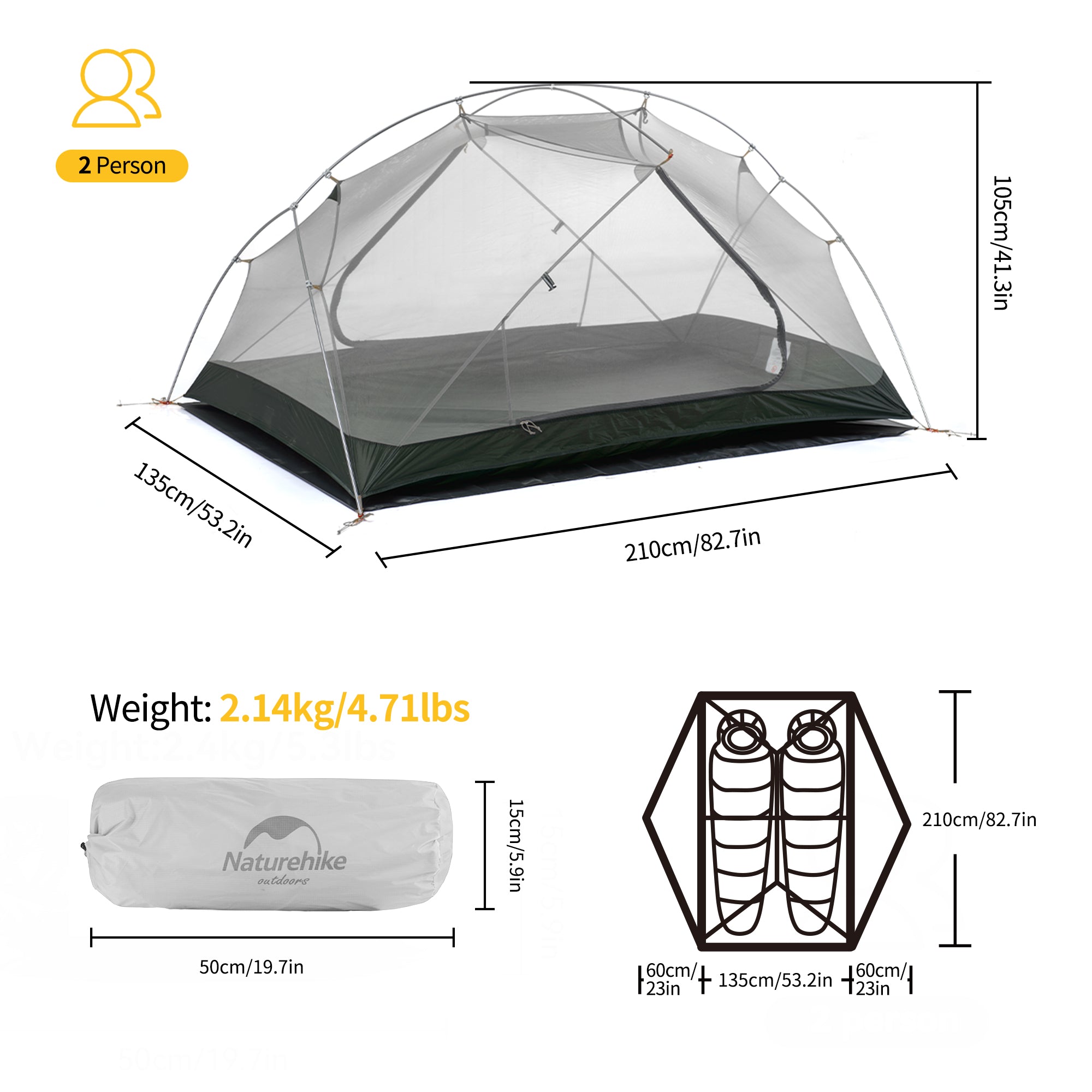 【Featured】Mongar 20D 超輕雙人帳篷 |約2.18kg PU4000mm防水 登山露營|NH17T007-M