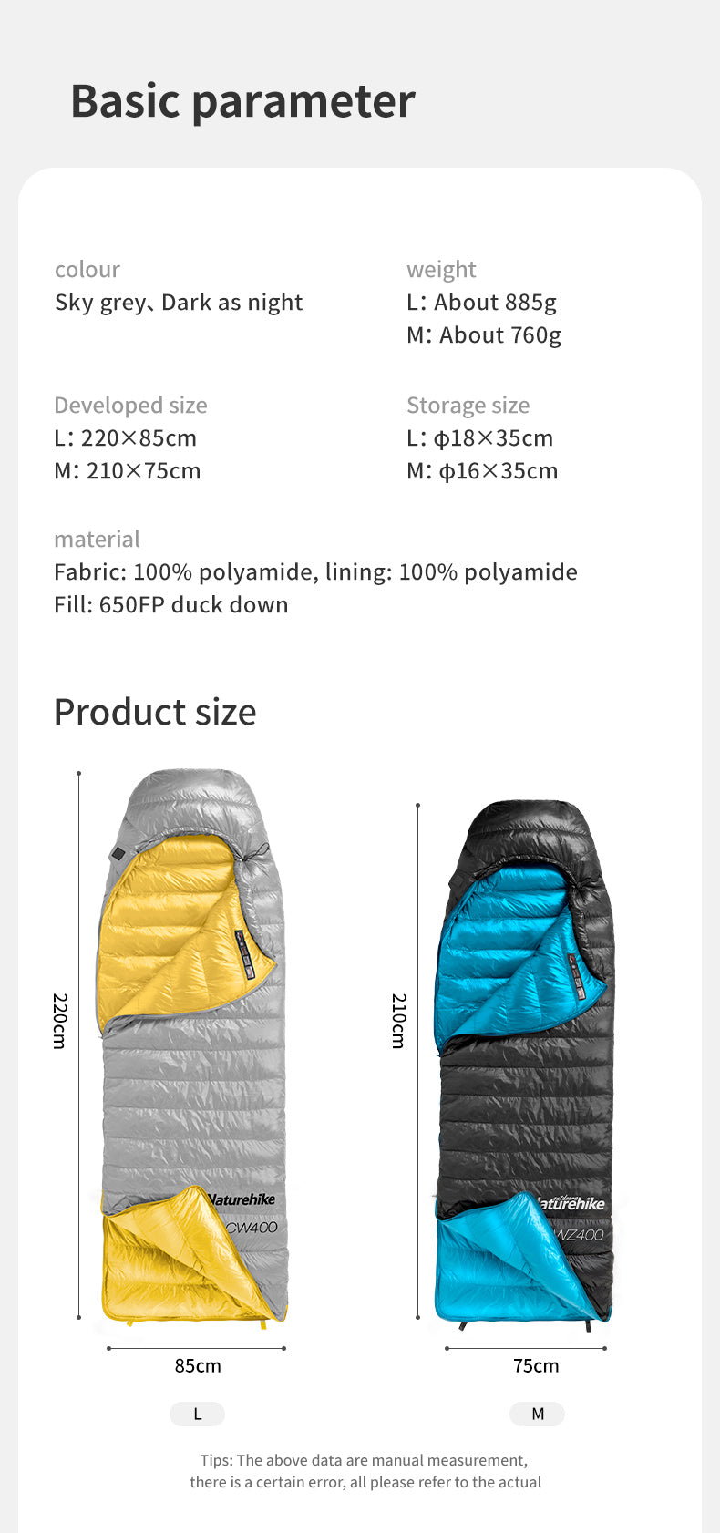 【新品訂購】輕量化 方形 羽絨被 睡袋 M/L 碼 ｜CW400 露營 保暖 信封式｜NH18C400-D